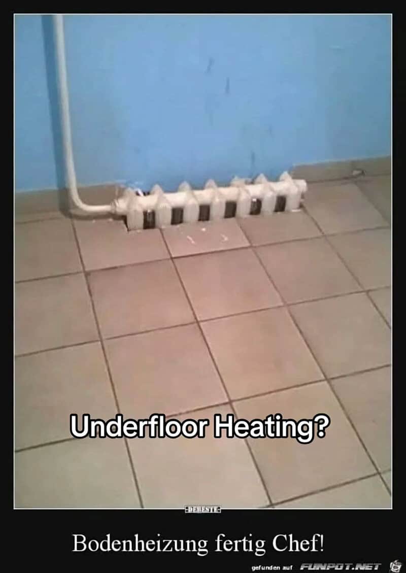 Underfloor heating setup with pipes and a radiator on tiled floor.