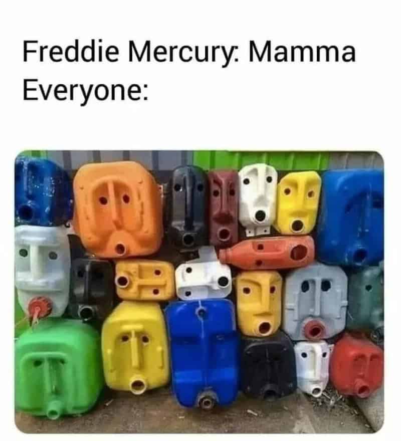 Colorful plastic jugs arranged to resemble Freddie Mercury's face.
