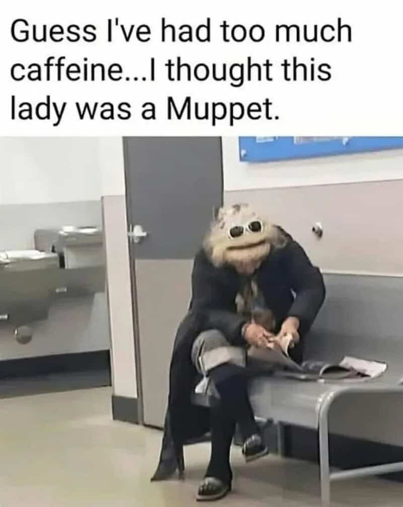A person wearing a Muppet mask sitting on a bench in a public space.