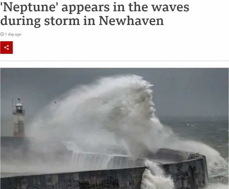 Large wave crashes over a lighthouse during a storm in Newhaven.