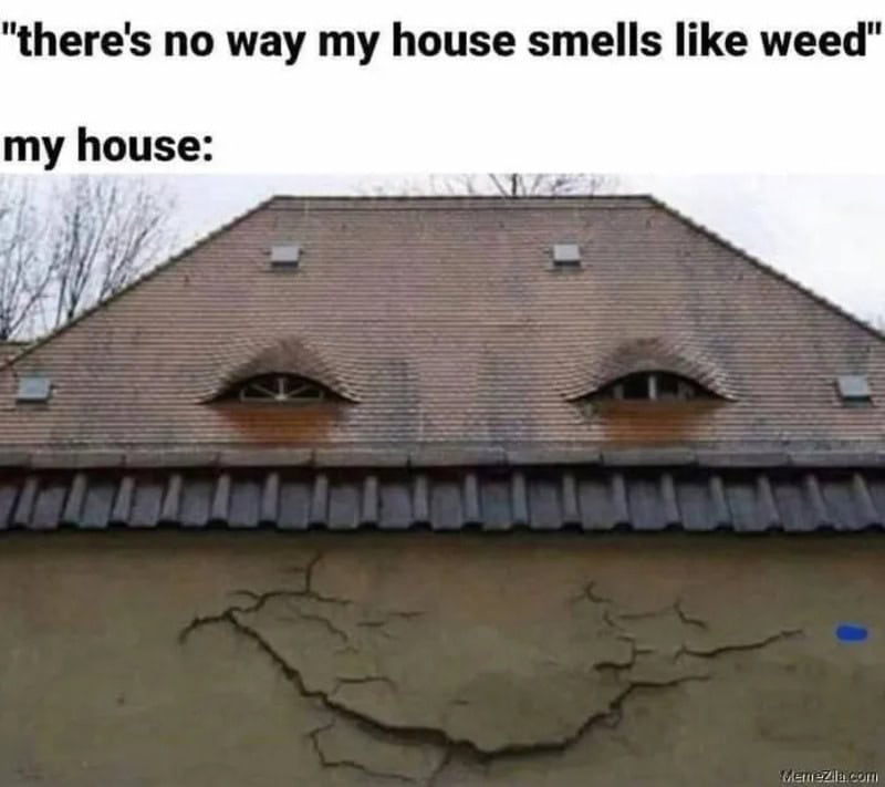 House with windows resembling eyes and a crack forming a smile, funny pareidolia.