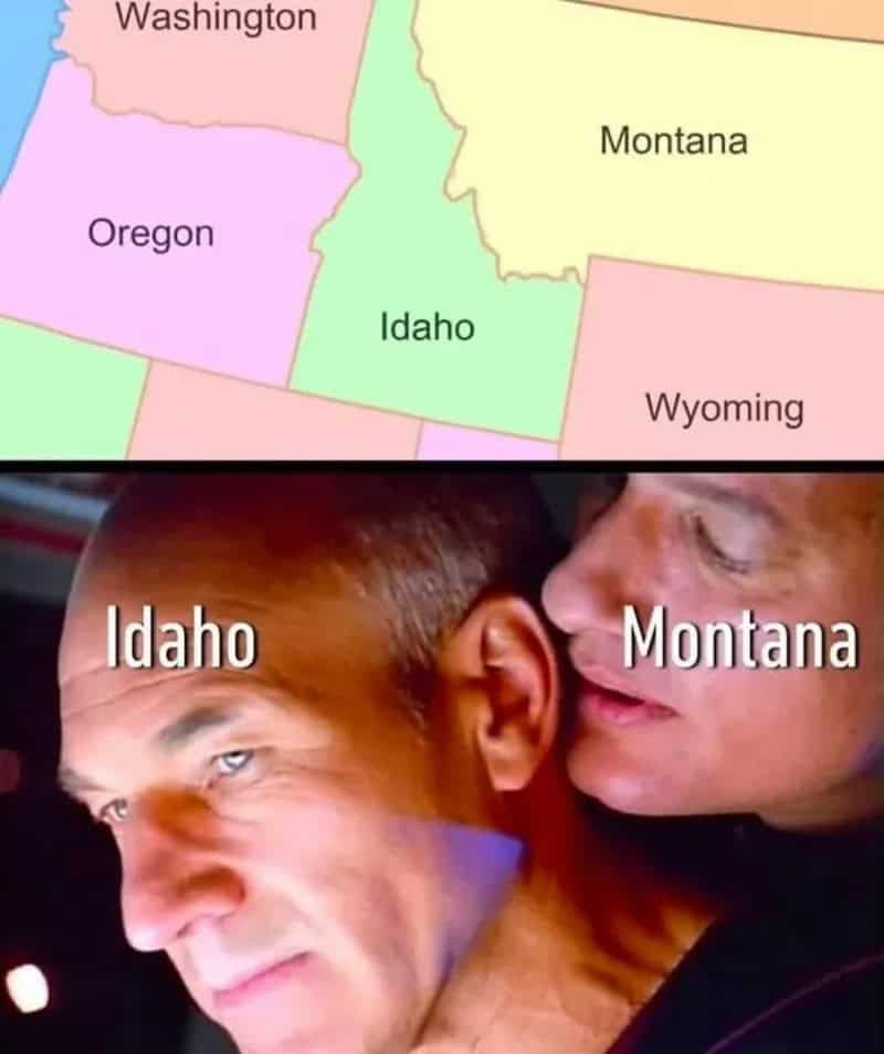 Map of Idaho and Montana with two men's faces superimposed, labeled Idaho and Montana.