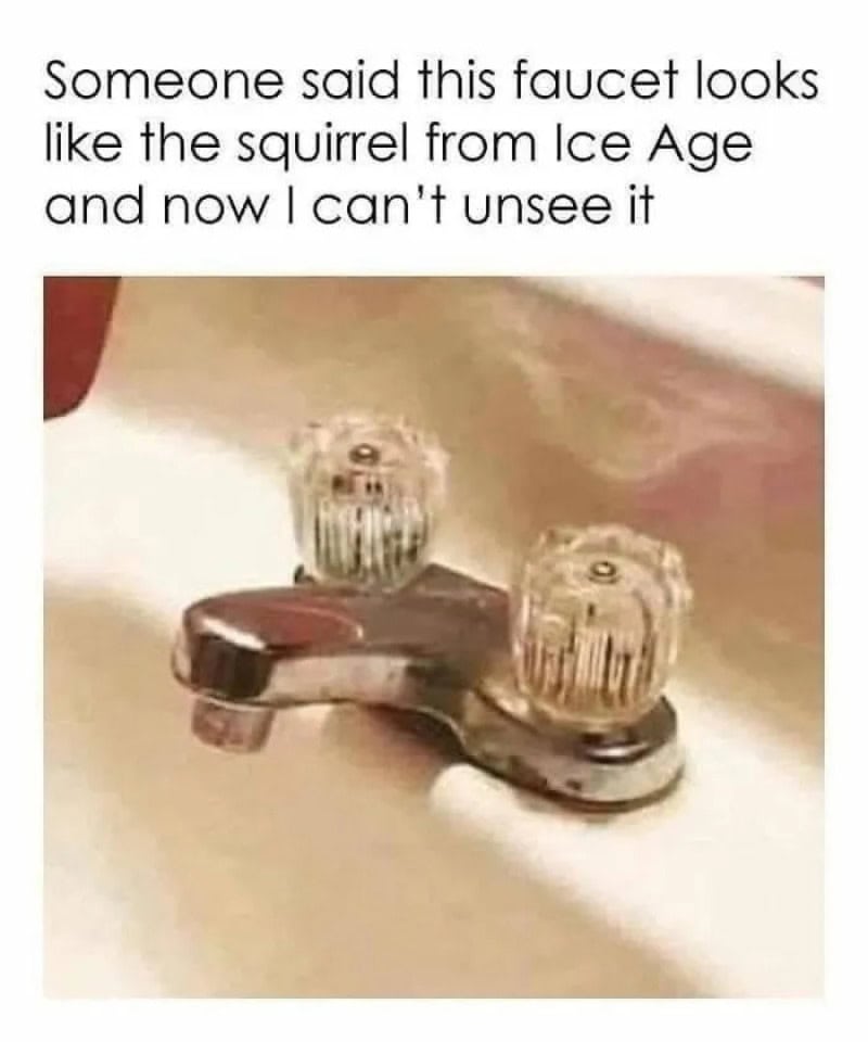 Faucet that looks like a squirrel from Ice Age, with text about the resemblance.