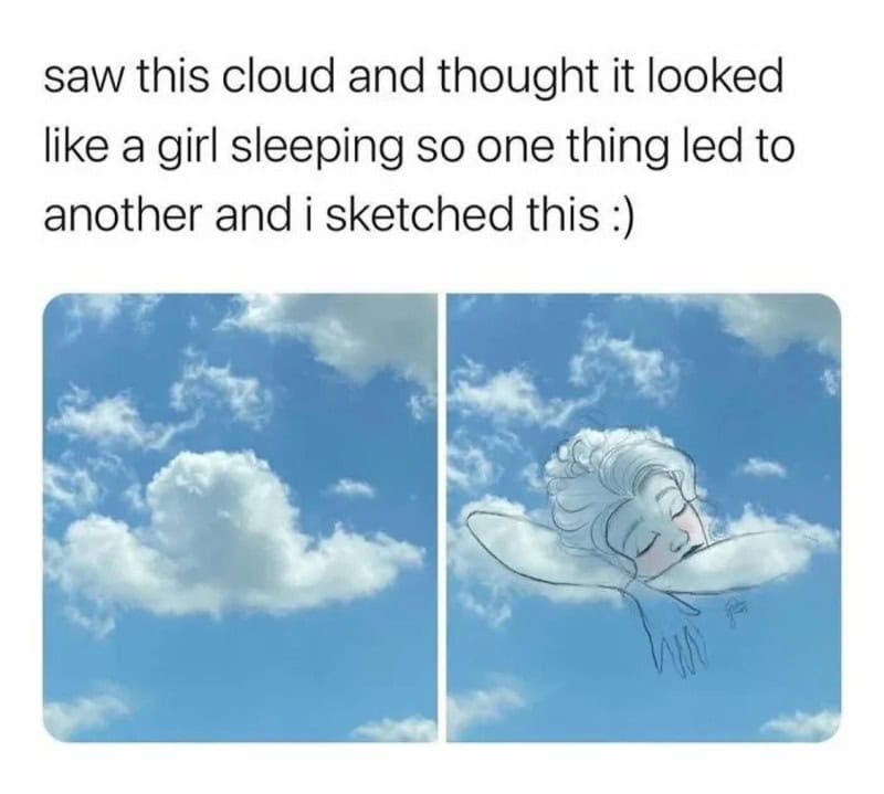 Cloud looks like a girl sleeping, sketched beside the real cloud.