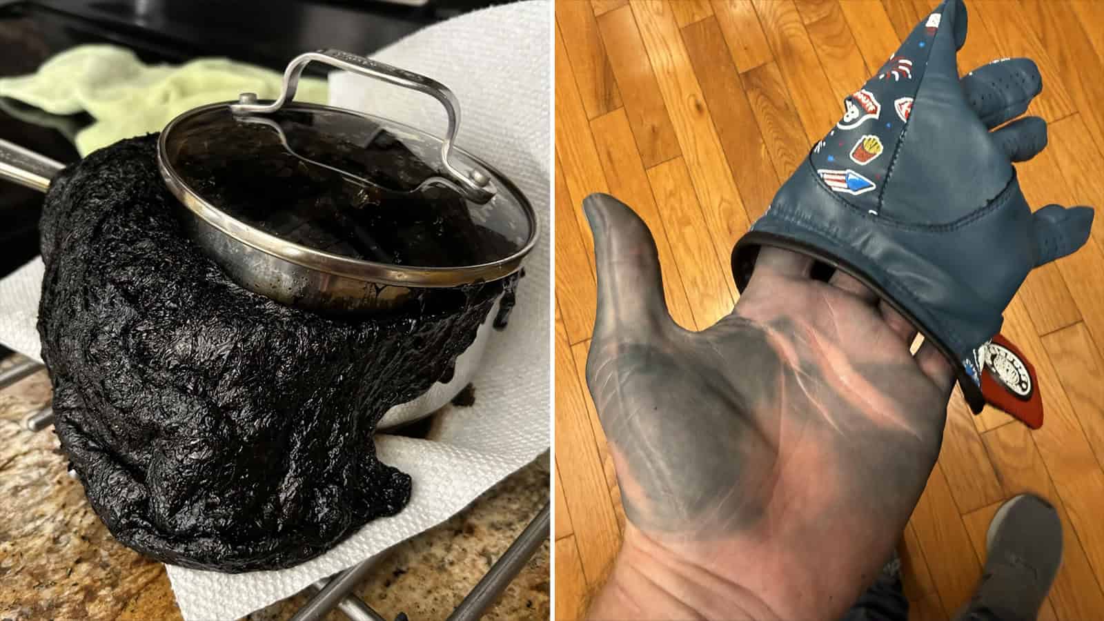 Burnt pot on stove and a hand wearing a glove with a small toy on top.
