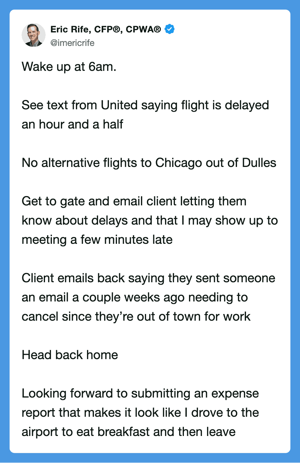 Text from a tweet about flight delays and travel plans.