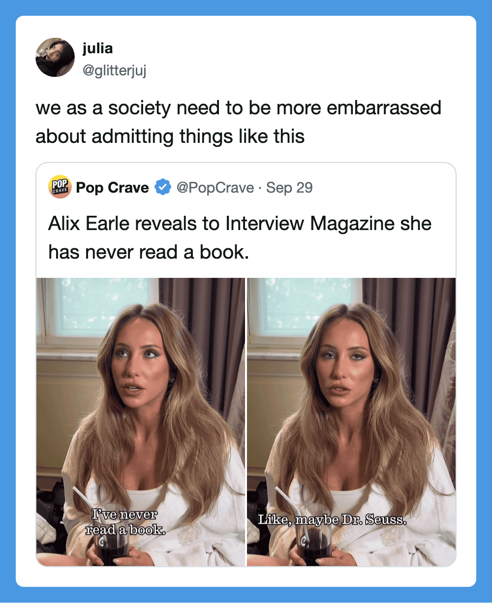 Two side-by-side photos of Alix Earle with caption about reading books.