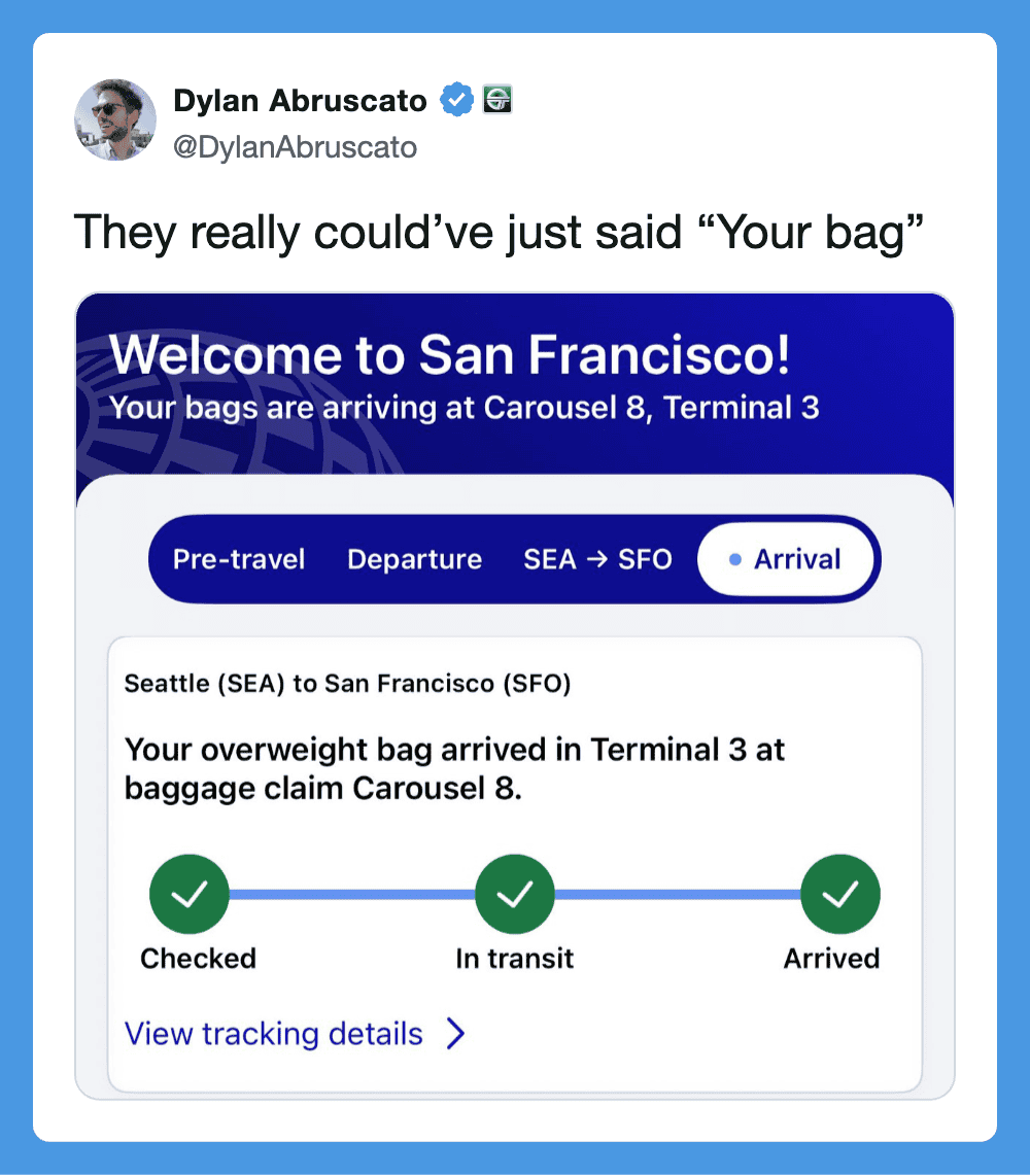 Screenshot of a tweet about baggage claim at San Francisco Airport.
