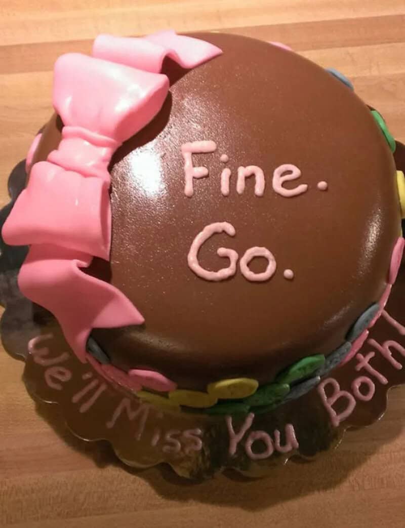 Chocolate cake with pink bow and 'Fine. Go.' written on top.