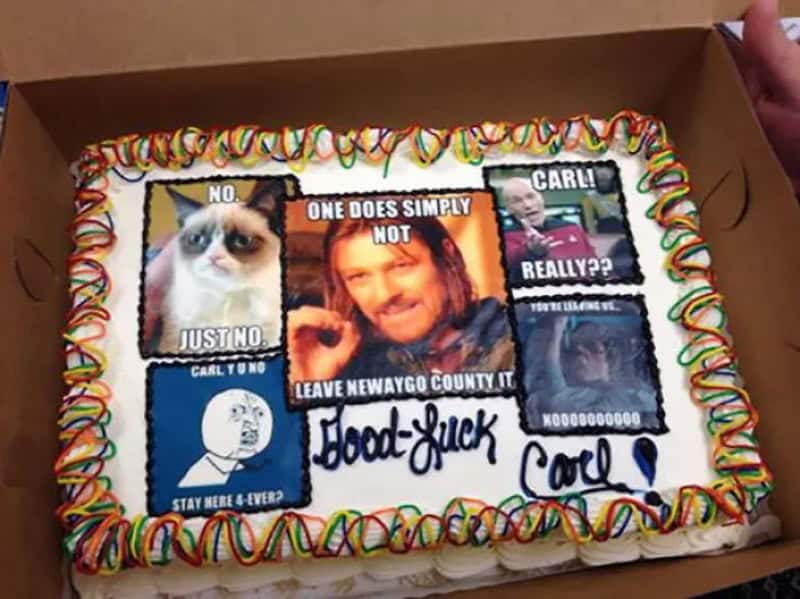 Cake with various meme images and text, celebrating quitting job.