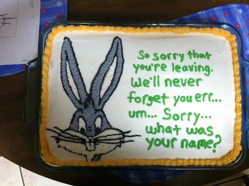 Cake with Bugs Bunny drawing and farewell message in green icing.