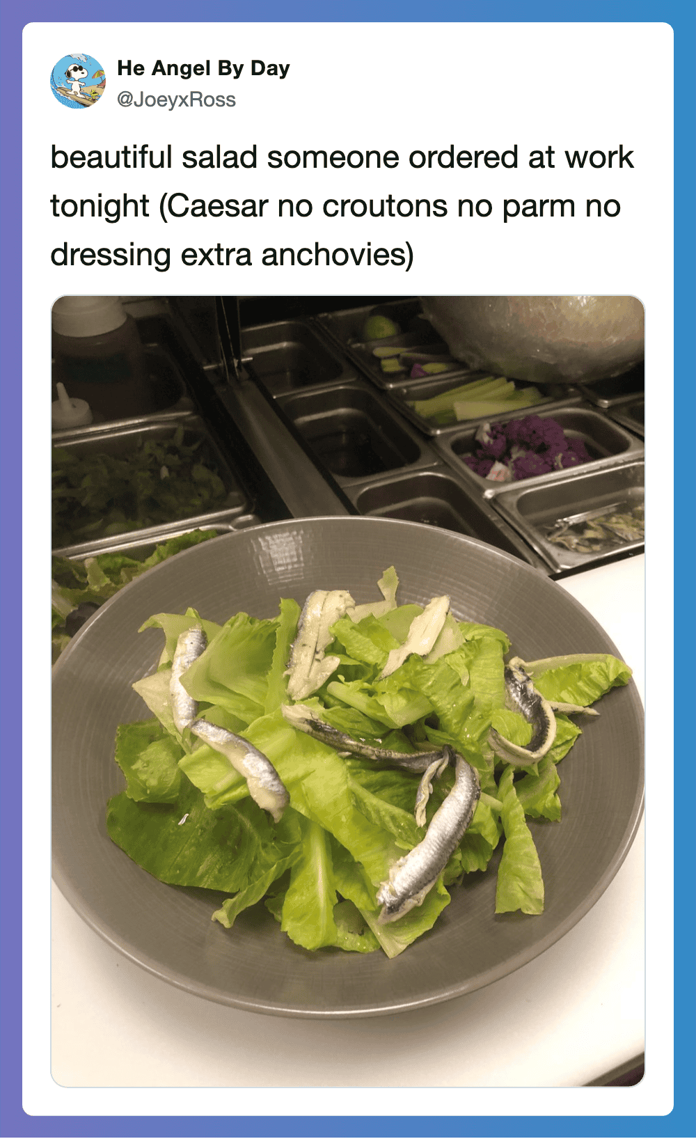 Salad with lettuce and anchovies in a bowl at work, no Caesar dressing or croutons.