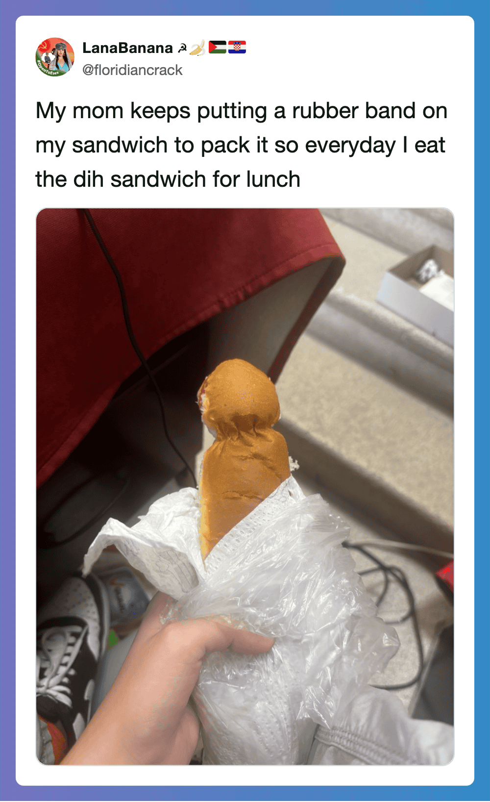 Person holding a hot dog with a rubber band around it, in a plastic bag.