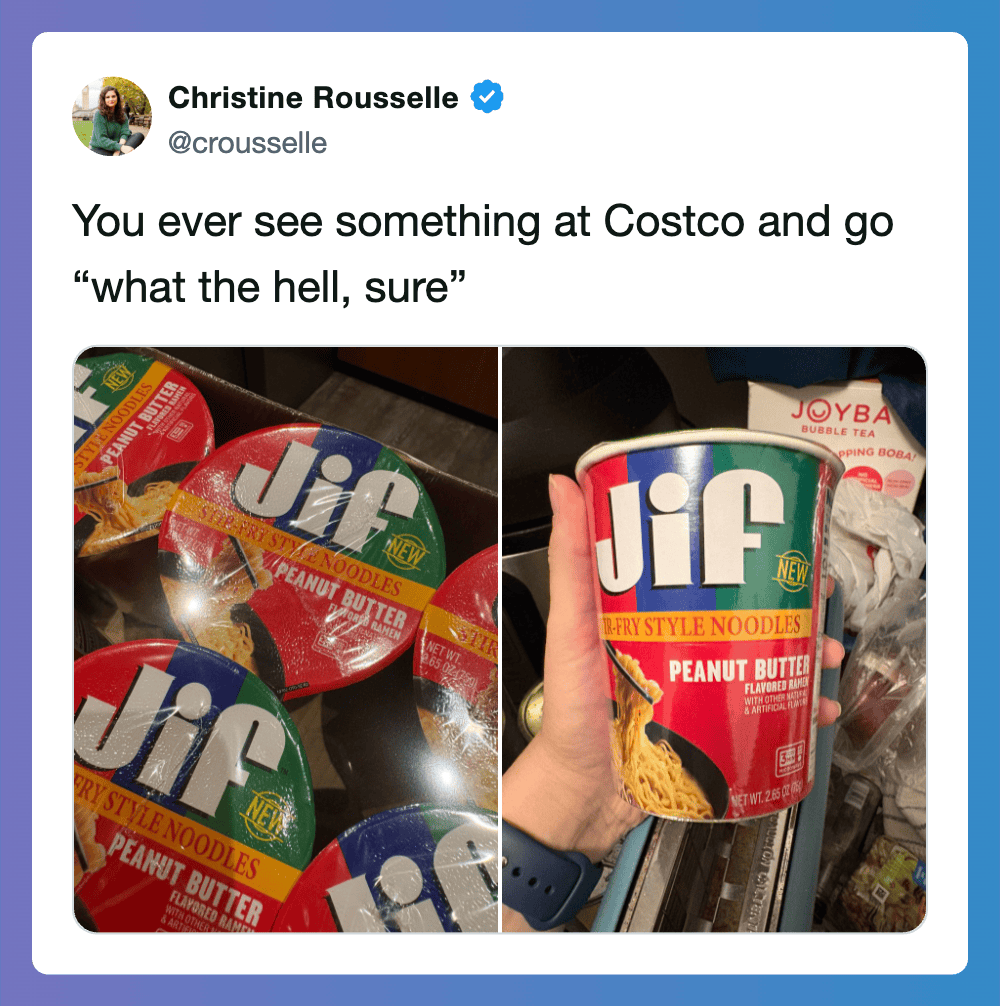 Costco Jif peanut butter noodle cups and a hand holding one.