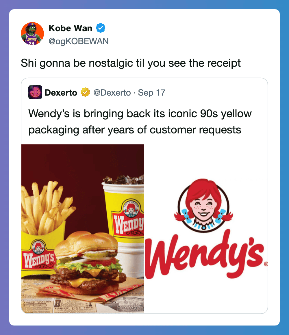 Kobe Wan's tweet about Wendy's bringing back 90s yellow packaging with a photo of fries, burger, and.