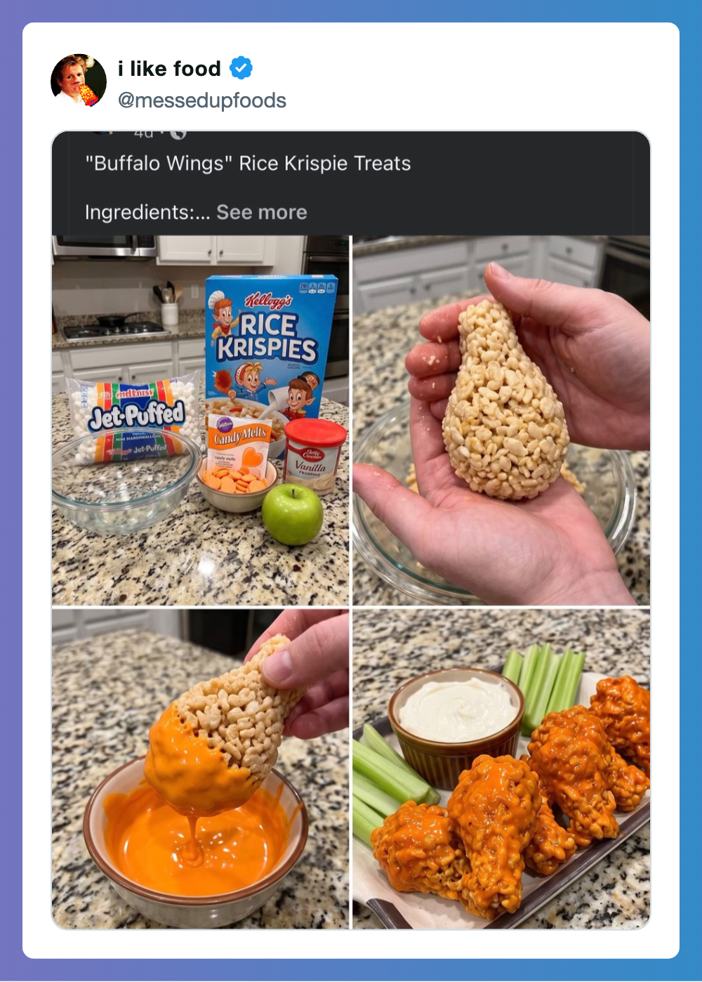 Buffalo Wings Rice Krispie Treats with ingredients and dip.
