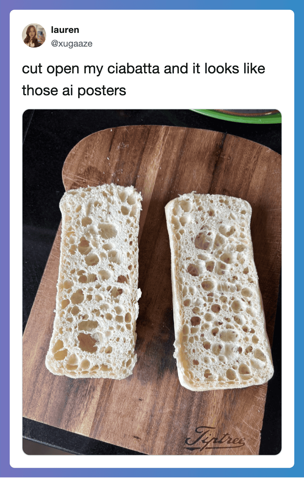 Two slices of ciabatta bread on a wooden cutting board, resembling AI posters.