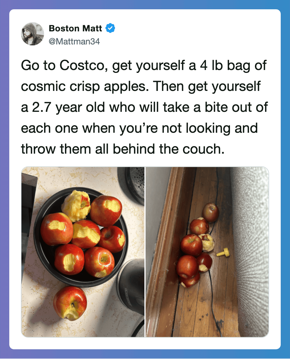 Costco apples and a 2.7-year-old child eating them behind the couch.
