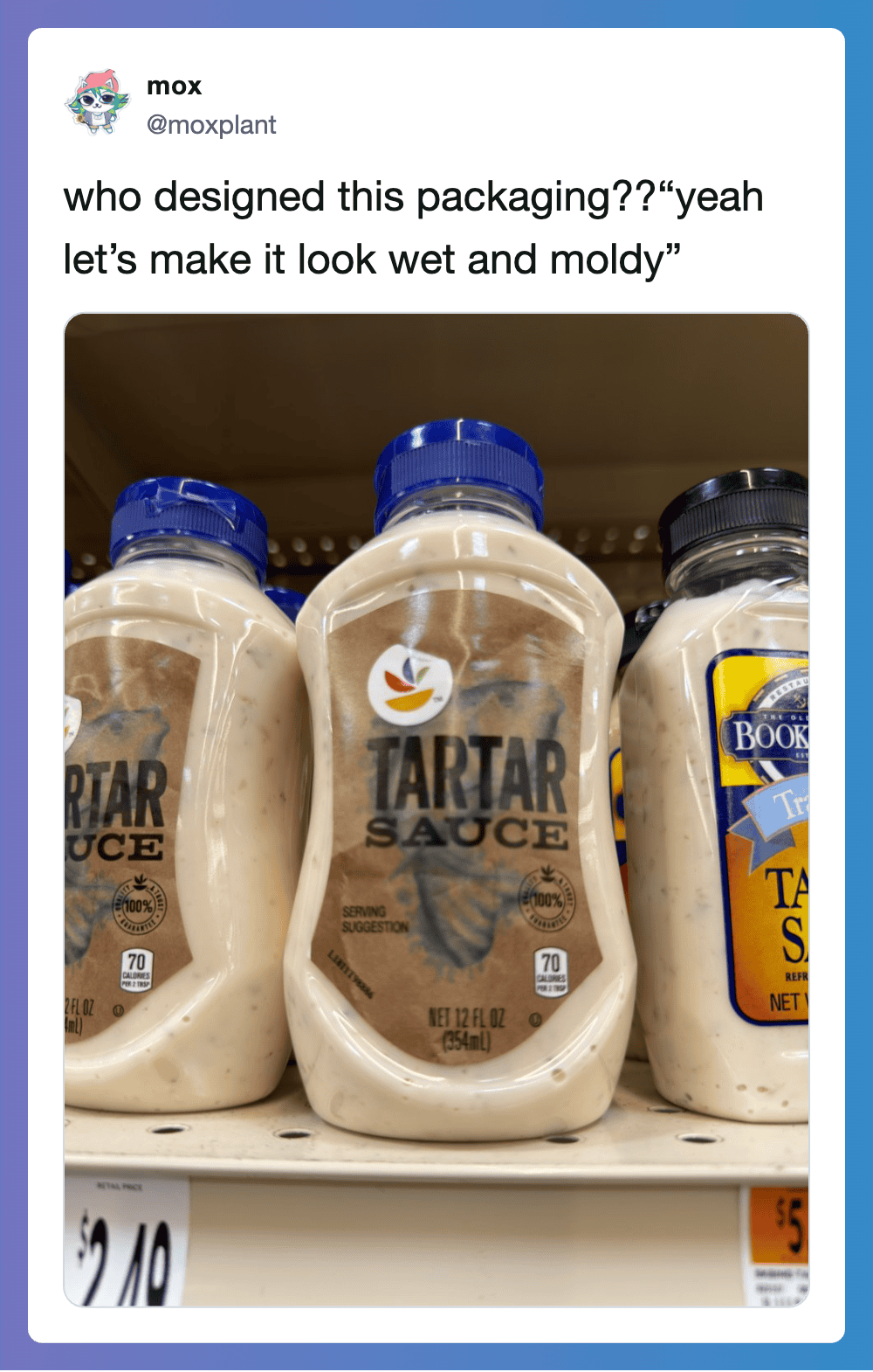 Tartar sauce bottles on store shelf with blue and black caps.