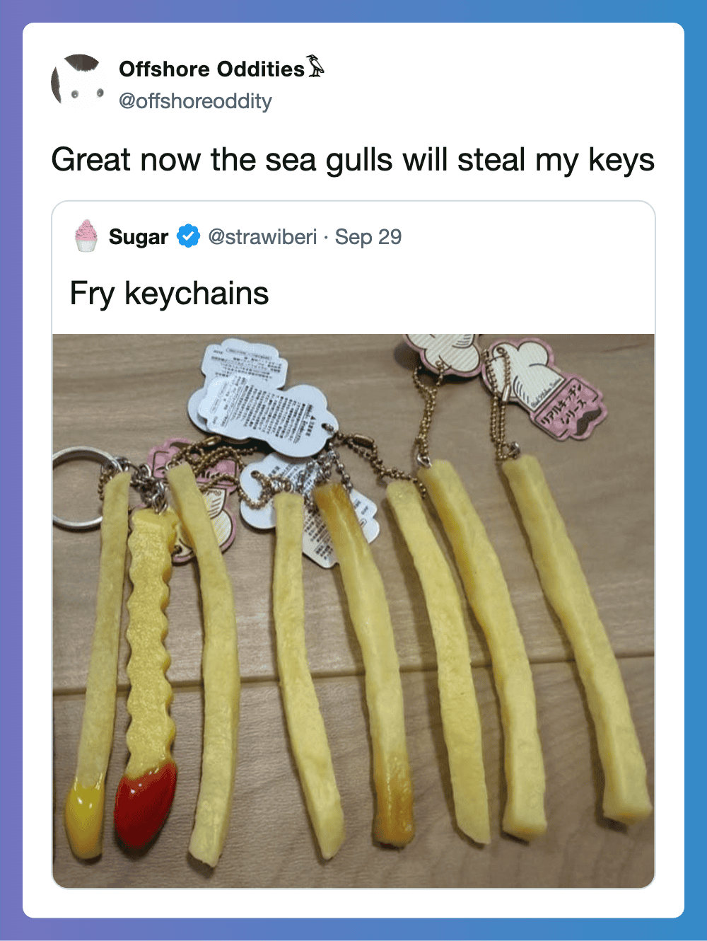 Fry keychains resembling French fries with ketchup and mustard, on a wooden surface.