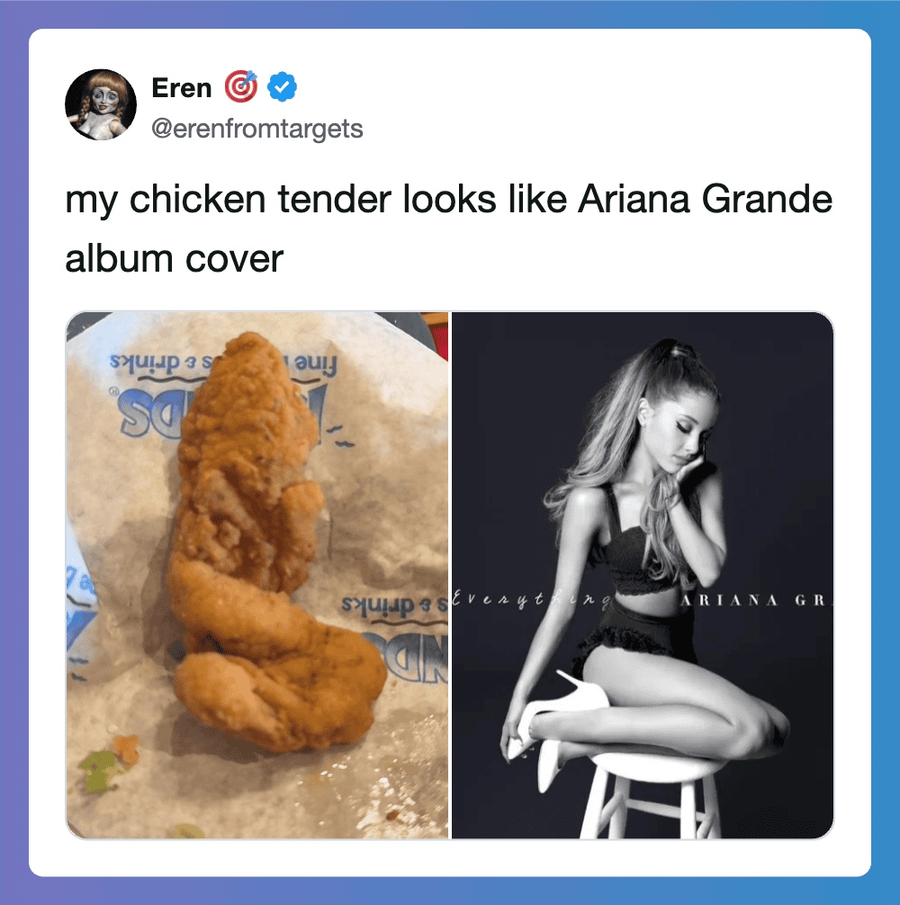 Chicken tender looks like Ariana Grande album cover, black and white photo of Ariana Grande.