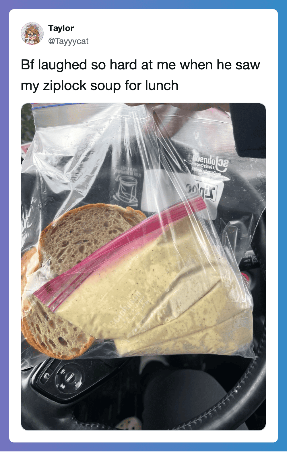 Sandwich in a plastic bag with ziplock soup for lunch on a car dashboard.