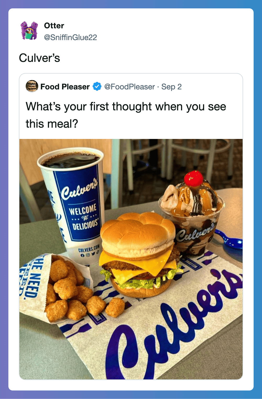Culver's meal with a burger, fries, a chocolate sundae, and a drink.