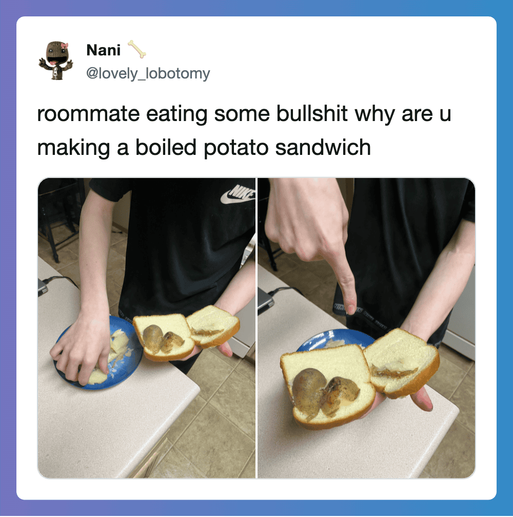 Person making a boiled potato sandwich with two slices of bread and boiled potatoes.