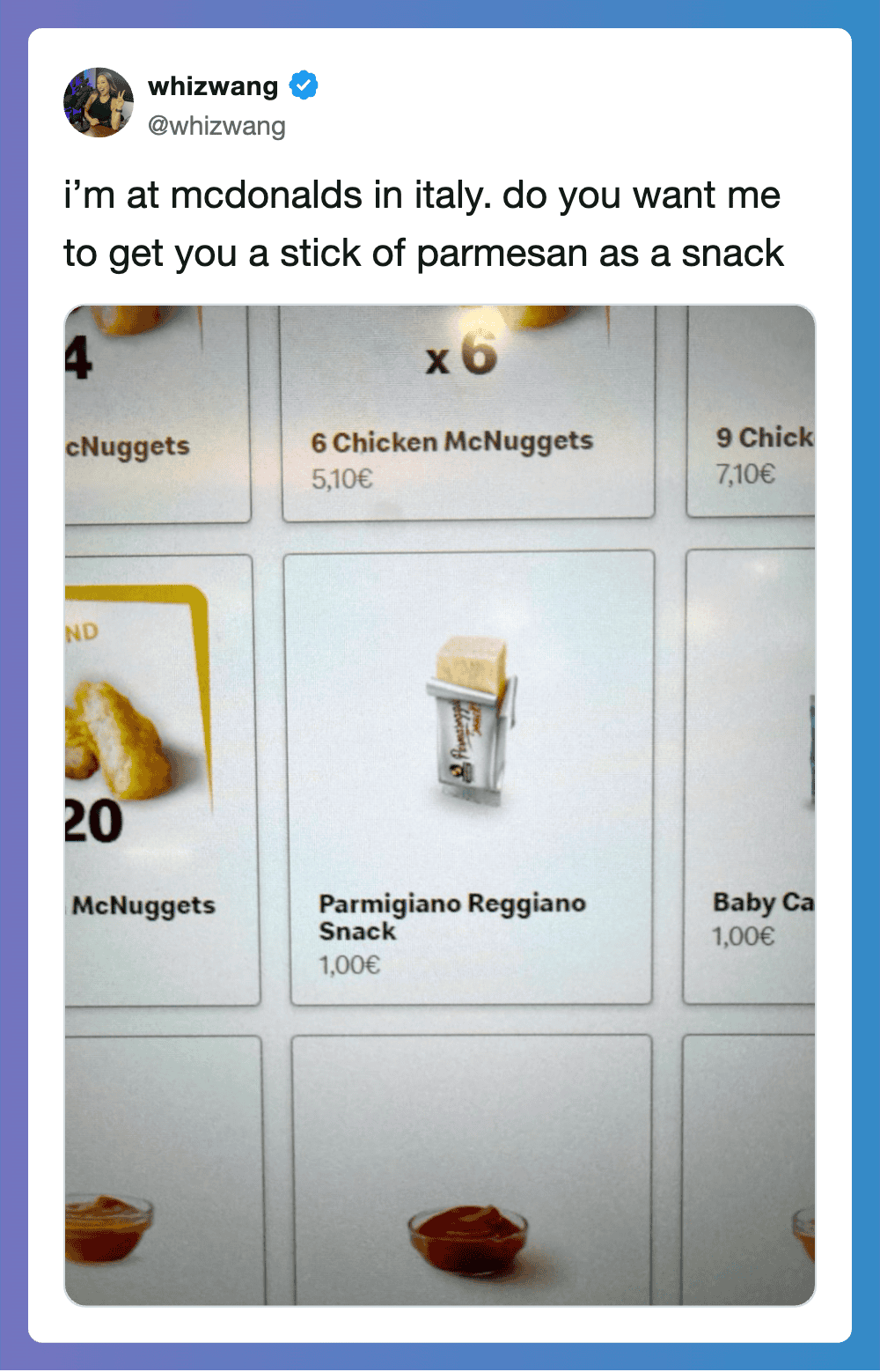 McDonald's menu in Italy with Parmigiano Reggiano snack and chicken nuggets.