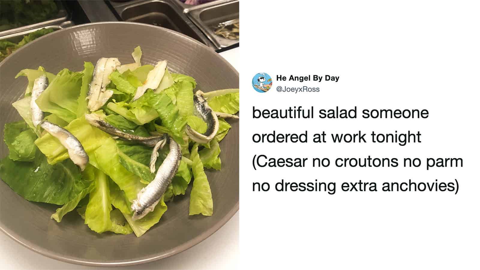 Salad with lettuce and anchovies, caption about Caesar salad without croutons or Parmesan.