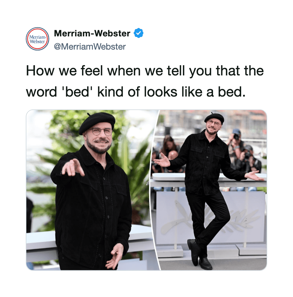 Merriam-Webster tweet about the word 'bed' with a man in black in two different poses.