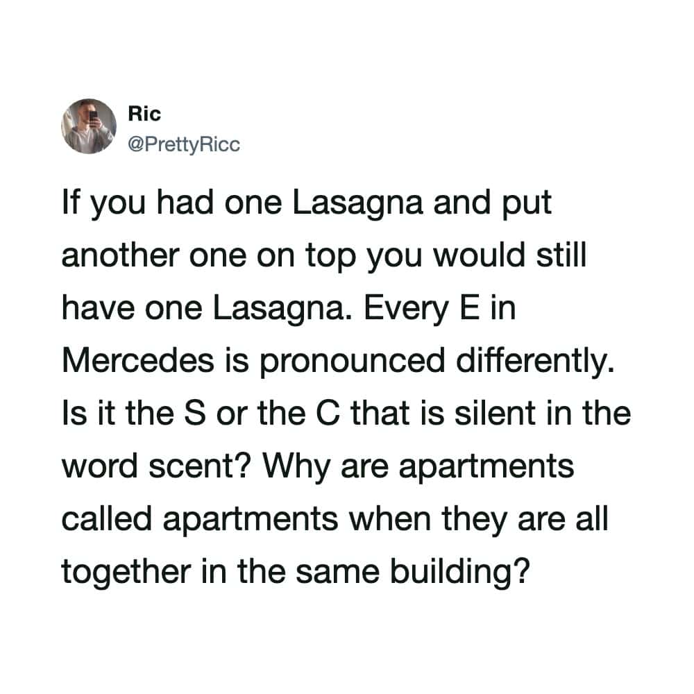 Humorous tweet about Lasagna pronunciation and apartment naming.