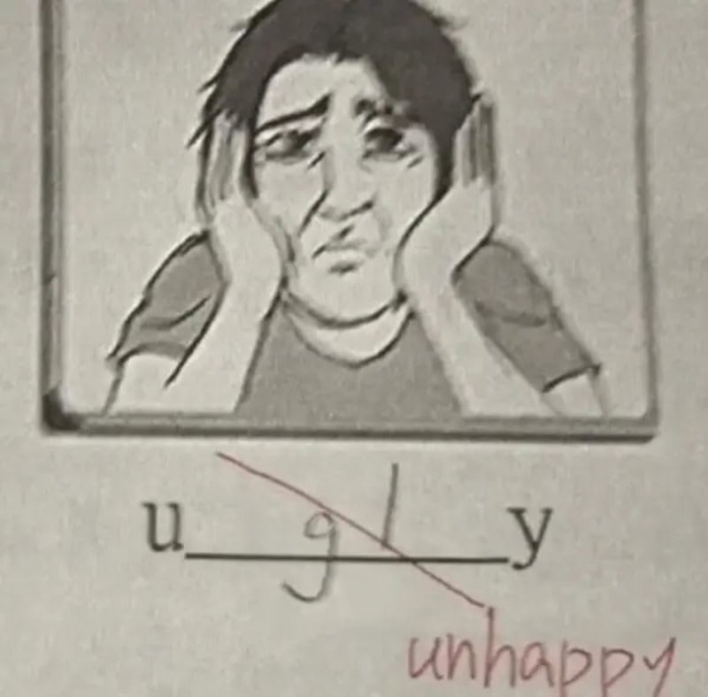 Drawing of a girl looking sad with the word 'unhappy' written below.