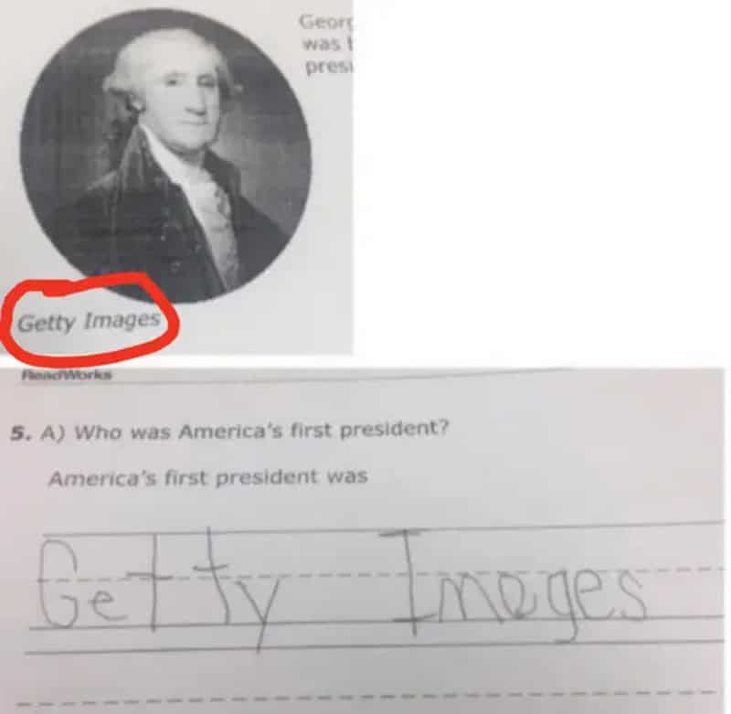Image of a quiz answer with a photo of George Washington and a child's handwriting answer.