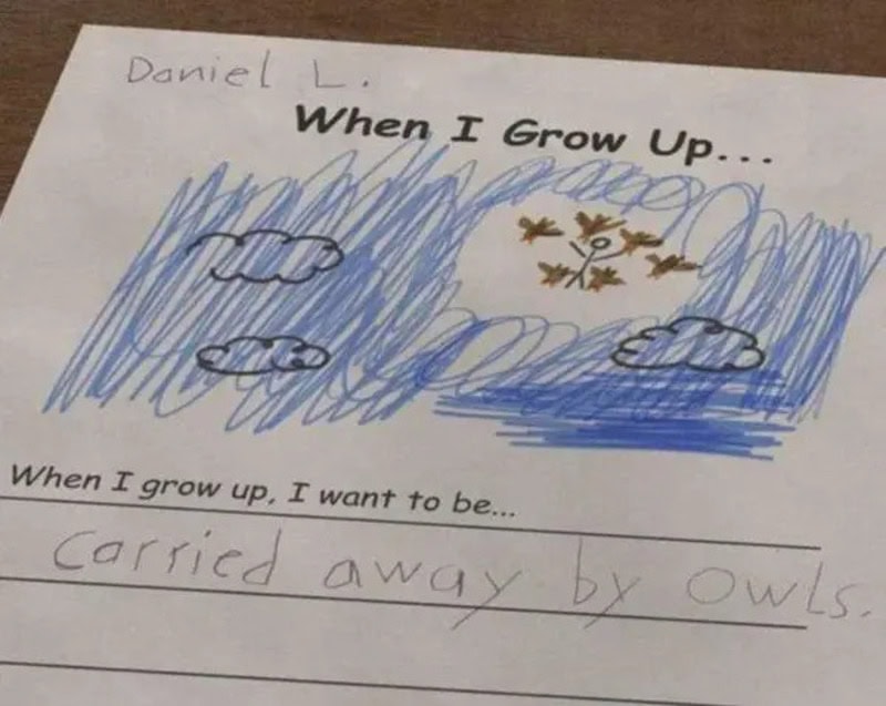 Child's drawing with clouds, birds, and a sun, with a handwritten answer about growing up.