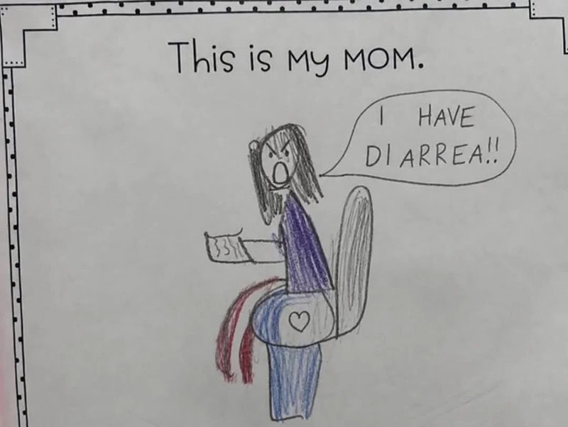 Child's drawing of a woman with a speech bubble saying 'I HAVE DIARRHEA!!'.