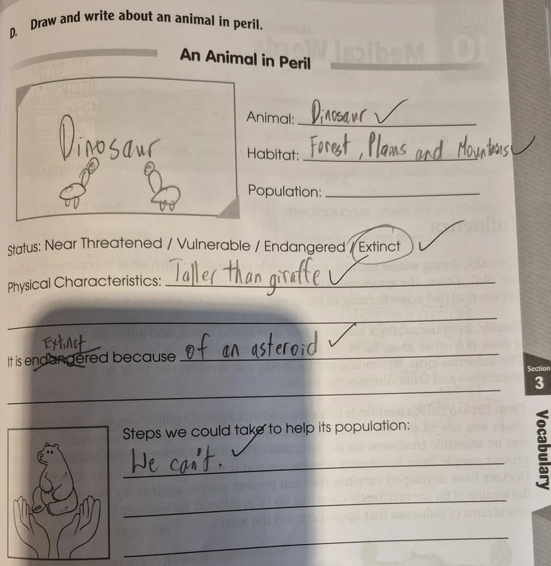 Drawing of a dinosaur with habitat and physical traits noted, and a small animal in hands.