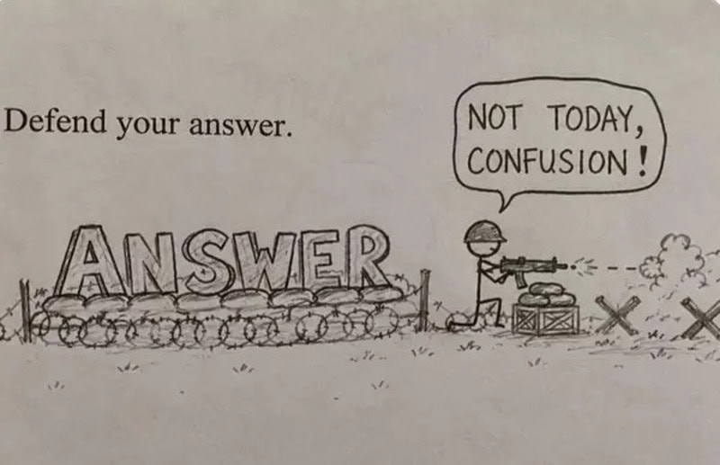 Child defending answer with toy gun, 'NOT TODAY, CONFUSION!', next to 'ANSWER' sign.
