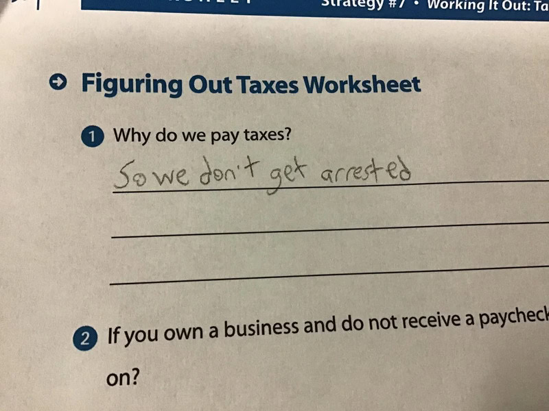 A worksheet titled 'Figuring Out Taxes Worksheet' with handwritten answers about taxes.