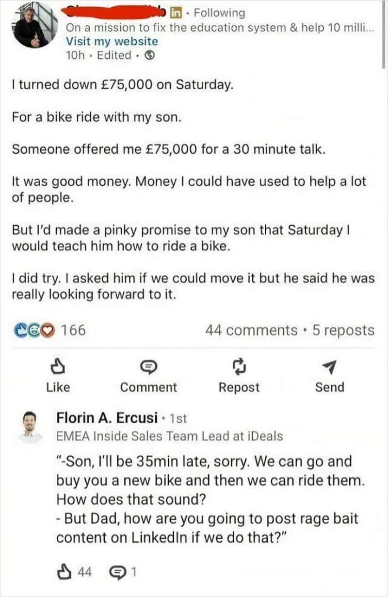 A Facebook post about turning down £75,000 for a bike ride with a son.
