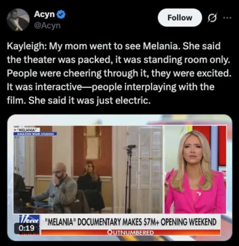 Mom saw Melania's documentary, said it was electric, theater was packed, standing room only.