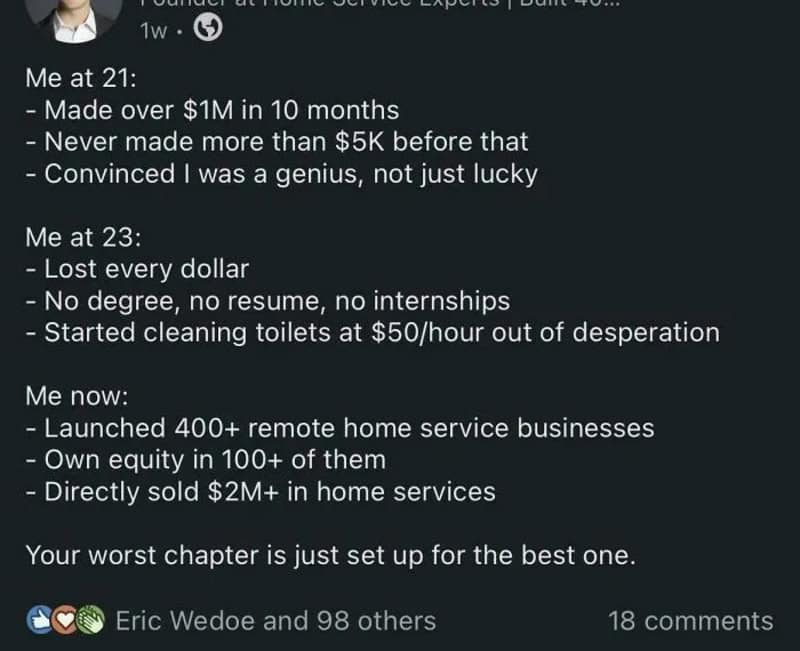 Humorous post about life changes and business success.