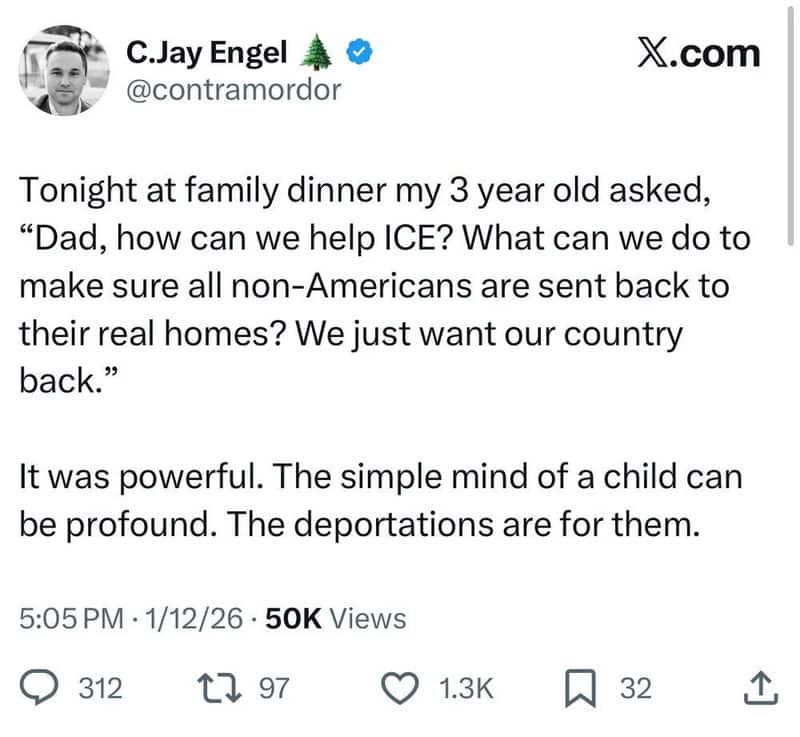 A tweet by C. Jay Engel about a child's question on helping ICE at dinner.