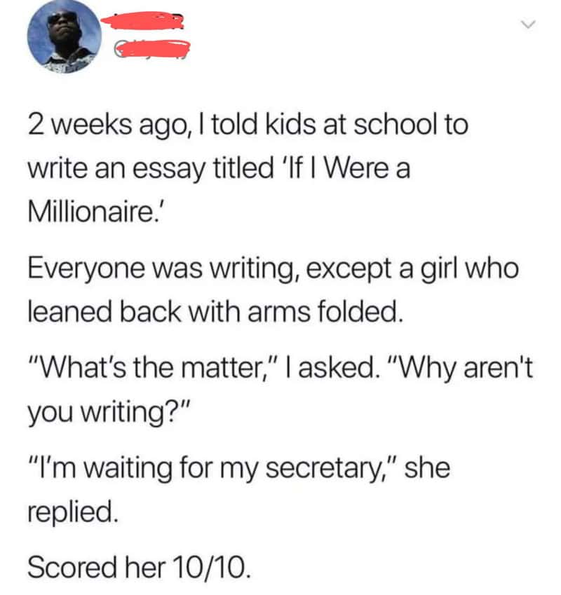 A social media post about a school essay assignment and a girl leaning back with arms folded.