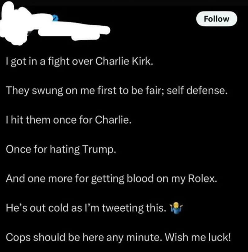 Text about a fight over Charlie Kirk, self-defense, and getting blood on Rolex.