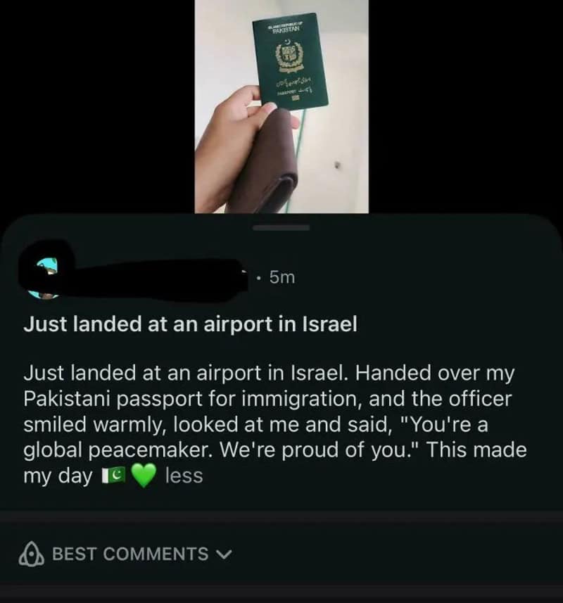 Pakistani passport held at an airport in Israel, with a WhatsApp message about the passport.