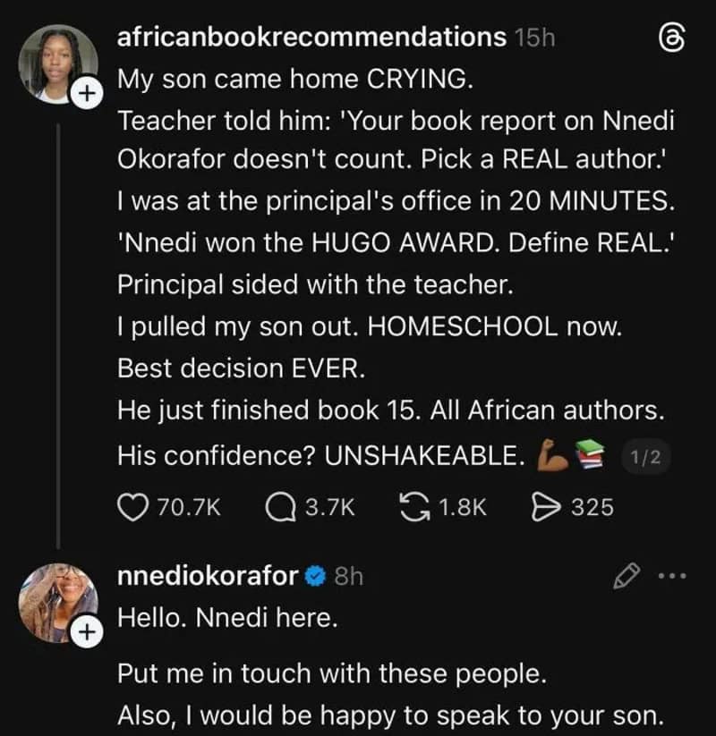 Instagram post about a son's emotional reaction to a book report and winning an award.