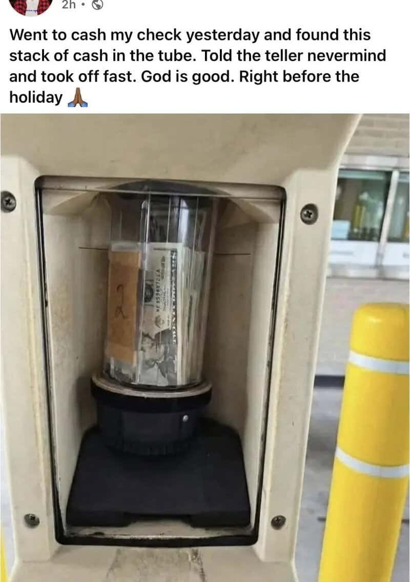 Cash in a transparent tube inside a cash deposit machine.