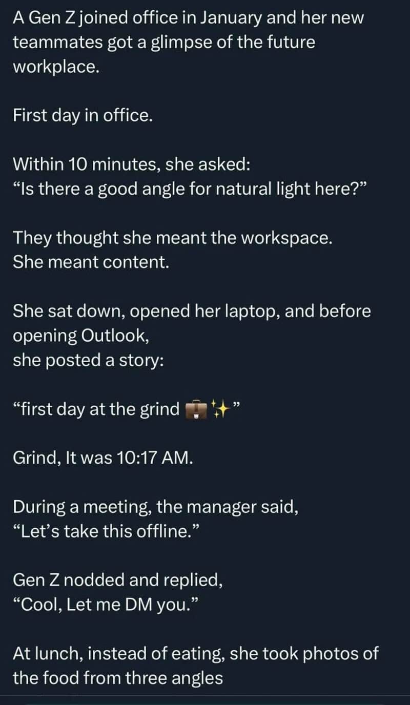 A humorous story about a new employee's first day at work and misunderstandings.