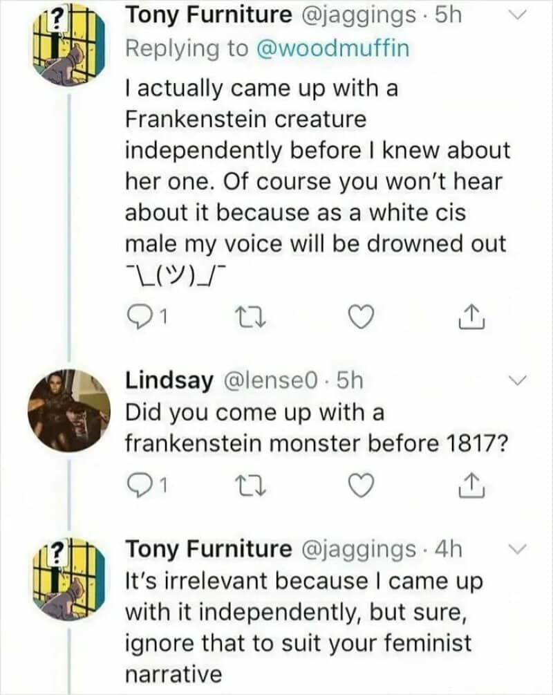 Twitter conversation about a Frankenstein creature and monster.